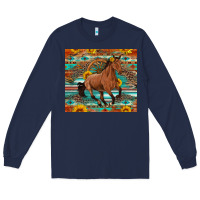 Navy galloping horse aztec sunflower Long Sleeve Tee - Artiststas