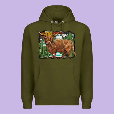 Western Cactus Highland Cow Premium Hoodie Designed By Barkaloodesign