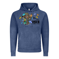 Vintage Denim he is risen matthew 28 6 cross with butterflies cowhide background Vintage Hoodie - BarkalooDesign