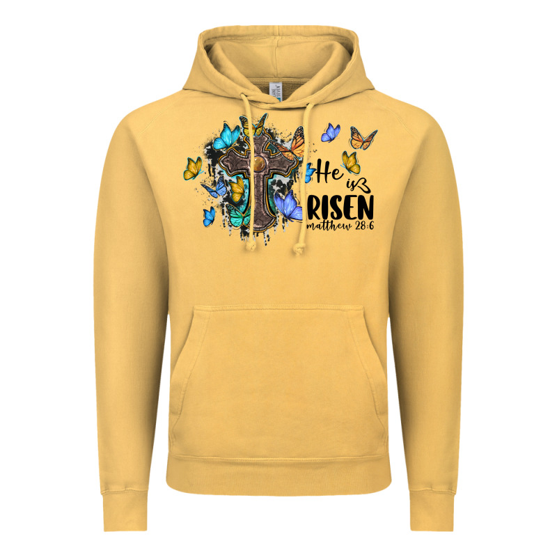He Is Risen Matthew 28 6 Cross With Butterflies Cowhide Background Vintage Hoodie by BarkalooDesign | Teevron