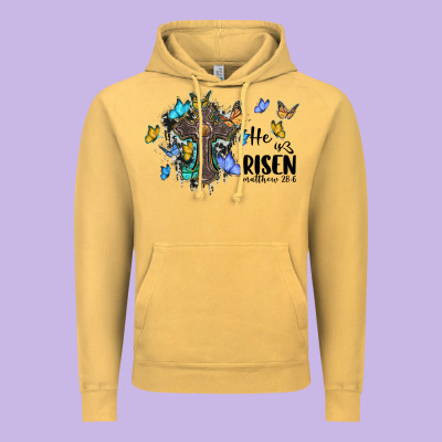 He Is Risen Matthew 28 6 Cross With Butterflies Cowhide Background Vintage Hoodie Designed By Barkaloodesign
