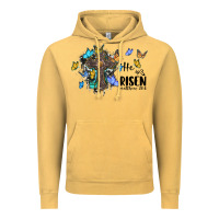 Vintage Mustard he is risen matthew 28 6 cross with butterflies cowhide background Vintage Hoodie - BarkalooDesign