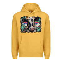 Mustard western background turquoises gemstones black and white baby cow Premium Hoodie - BarkalooDesign