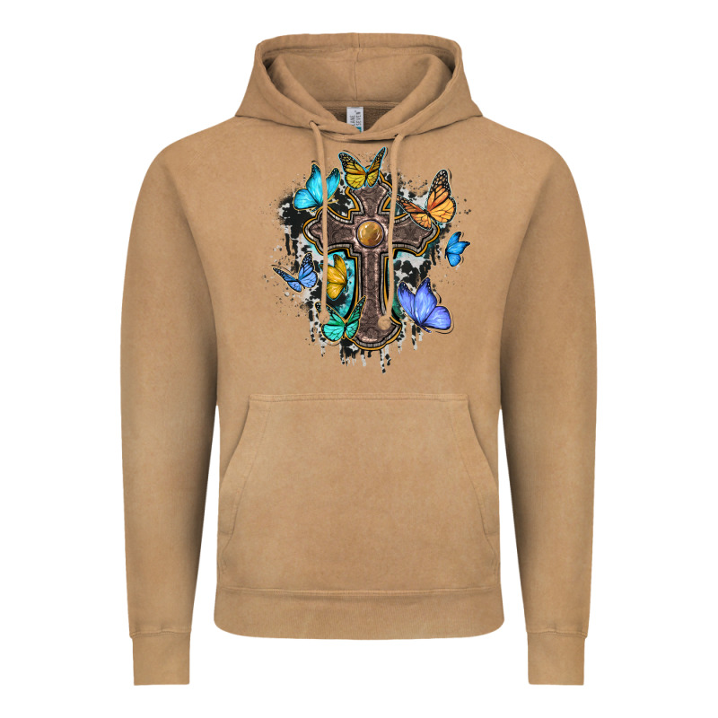 Cross With Butterflies Cowhide Background Vintage Hoodie by BarkalooDesign | Teevron