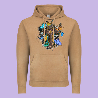 Cross With Butterflies Cowhide Background Vintage Hoodie Designed By Barkaloodesign