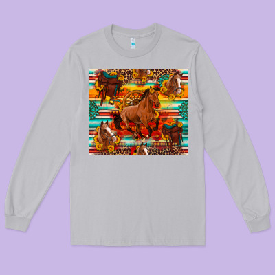 Galloping Horse Serape Sunflowers Turquoise And Saddles Long Sleeve Tee Designed By Artiststas