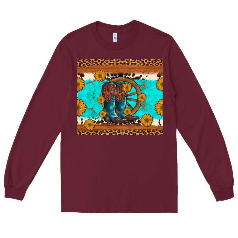 Cowboy Boots And Sunflowers Turquoise Leopard Background Long Sleeve Tee by Artiststas | Teevron