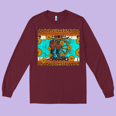 Cowboy Boots And Sunflowers Turquoise Leopard Background Long Sleeve Tee Designed By Artiststas