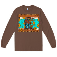 Chestnut cowboy boots and sunflowers turquoise leopard background Long Sleeve Tee - Artiststas