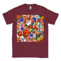 Burgundy christmas coffee cups ornaments and lights with diamond plaid seamless Classic Tee - BundleAndBundleShop