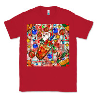 Red christmas coffee cups ornaments and lights with diamond plaid seamless Classic Tee - BundleAndBundleShop