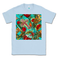 Dusty Blue faith coffee cup and cross with leopard and roses seamless pattern bbs Classic Tee - BundleAndBundleShop