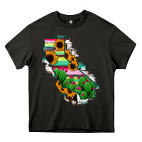 Asphalt California Map Sunflower Cactus Serape Heavy Core Tee - RanaPortraitStore