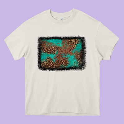 Western Leopard Turquoise Glitter Tooled Leather Heavy Core Tee Designed By Fadigitalartstudio