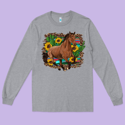 Western Horse Cactus Sunflowers Serape Leopard  Turquoise Wooden Long Sleeve Tee Designed By Artiststas