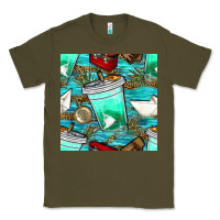 Army Green fish coffee cups and reeds with paper boat and leopard lake seamless p Classic Tee - BundleAndBundleShop