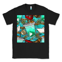 Black fish coffee cups and reeds with paper boat and leopard lake seamless p Classic Tee - BundleAndBundleShop