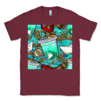 Burgundy fish coffee cups and reeds with paper boat and leopard lake seamless p Classic Tee - BundleAndBundleShop