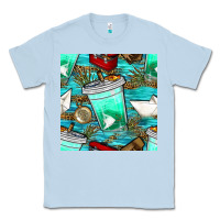 Dusty Blue fish coffee cups and reeds with paper boat and leopard lake seamless p Classic Tee - BundleAndBundleShop