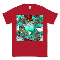 Red fish coffee cups and reeds with paper boat and leopard lake seamless p Classic Tee - BundleAndBundleShop