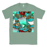 Sage fish coffee cups and reeds with paper boat and leopard lake seamless p Classic Tee - BundleAndBundleShop