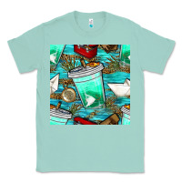 Seafoam fish coffee cups and reeds with paper boat and leopard lake seamless p Classic Tee - BundleAndBundleShop