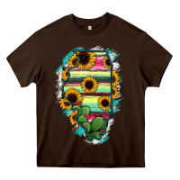 Chocolate Brown Illinois Map Sunflower Cactus Serape Heavy Core Tee - RanaPortraitStore