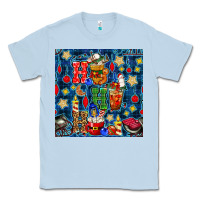 Dusty Blue christmas ho ho ho with coffee cups and ornaments with plaid seamless  Classic Tee - BundleAndBundleShop