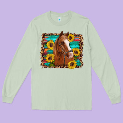 Horse Sunflowers Turquoise Wooden Serape Leopard Long Sleeve Tee Designed By Artiststas