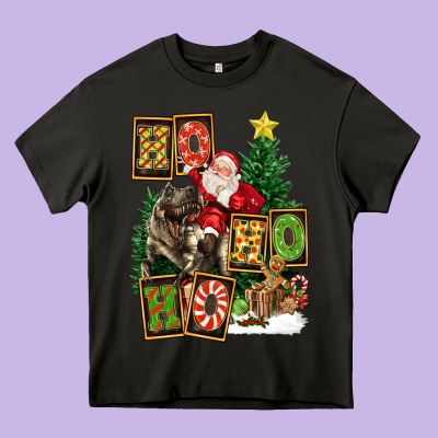 Christmas Trex Ho Ho Ho Santa Heavy Core Tee Designed By Fadigitalartstudio