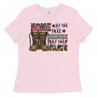 Bubblegum Pink home of the free beacause of the brave Ladies Tee - CowhideDigitalArt