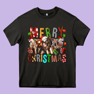 Merry Christmas Pigs Heavy Core Tee Designed By Fadigitalartstudio