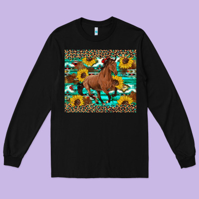 Western Horse Sunflowers Long Sleeve Tee Designed By Artiststas