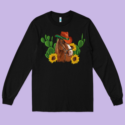 Western Horse Cowboy Hat Cactus Sunflowers Long Sleeve Tee Designed By Artiststas