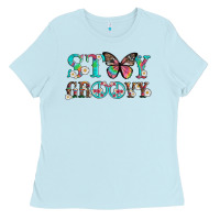 Baby Blue stay groovy with butterfly peace sign and flowers Ladies Tee - Artiststas
