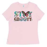 Bubblegum Pink stay groovy with butterfly peace sign and flowers Ladies Tee - Artiststas