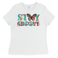White stay groovy with butterfly peace sign and flowers Ladies Tee - Artiststas