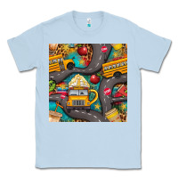 Dusty Blue school bus coffee and star with leopard seamless pattern bbs Classic Tee - BundleAndBundleShop