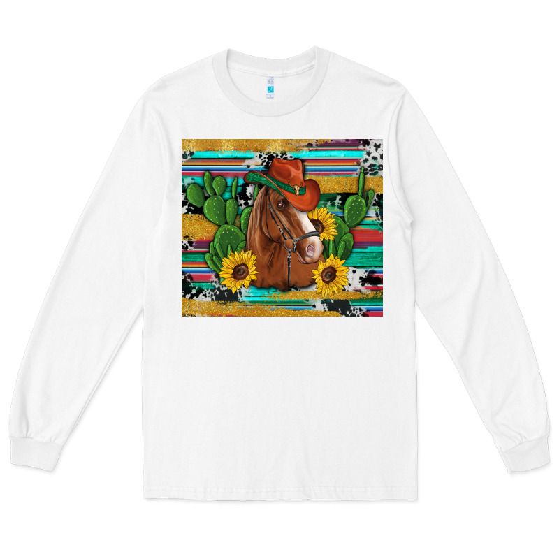 Western Horse Cowboy Hat Cactus Sunflowers Glitter Cowhide Serape Turq Long Sleeve Tee by Artiststas | Teevron