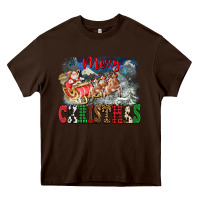 Chocolate Brown Merry Christmas Santa Sleigh Heavy Core Tee - FaDigitalArtStudio