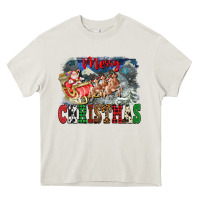 Cream Merry Christmas Santa Sleigh Heavy Core Tee - FaDigitalArtStudio