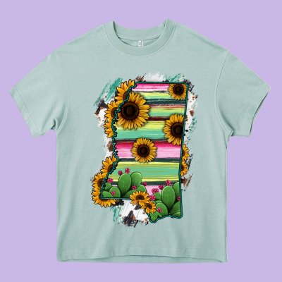Mississippi Map Sunflower Cactus Serape Heavy Core Tee Designed By Ranaportraitstore