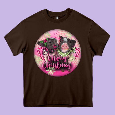 Pink Merry Christmas Pig Heavy Core Tee Designed By Fadigitalartstudio