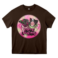 Chocolate Brown Pink Merry Christmas Pig Heavy Core Tee - FaDigitalArtStudio
