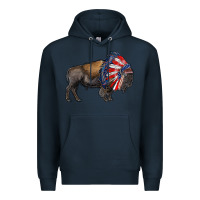 Navy american bison with indian headdress Premium Hoodie - RanaPortraitStore