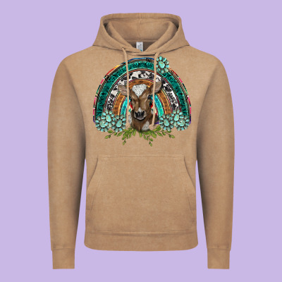 Turquoise Gemstones Brown Baby Cow  Rainbow Vintage Hoodie Designed By Barkaloodesign