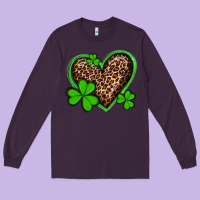 St Patricks Day Leopard Heart With Shamrocks Long Sleeve Tee Designed By Artiststas
