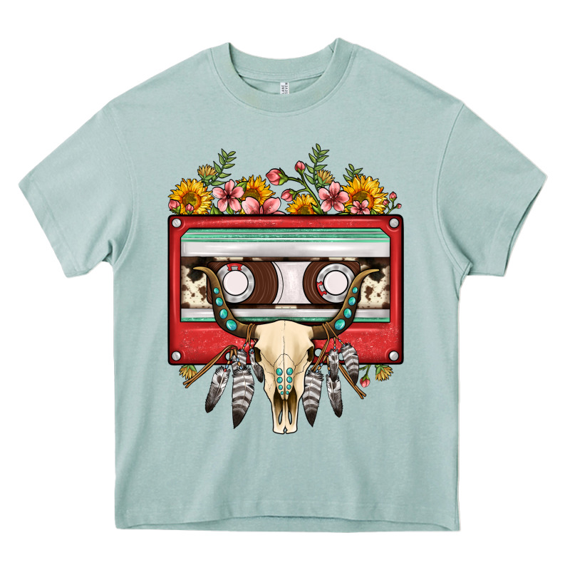 Bull Skull Sunflower Floral Cassette Heavy Core Tee by FaDigitalArtStudio | Teevron