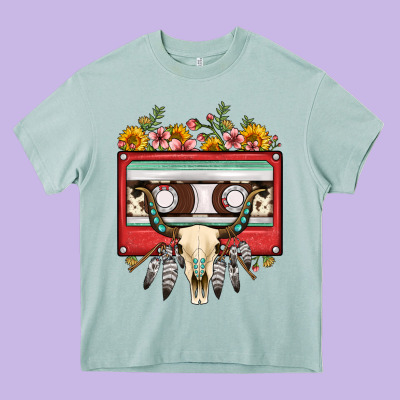 Bull Skull Sunflower Floral Cassette Heavy Core Tee Designed By Fadigitalartstudio