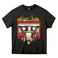 Asphalt bull skull sunflower floral cassette Heavy Core Tee - FaDigitalArtStudio